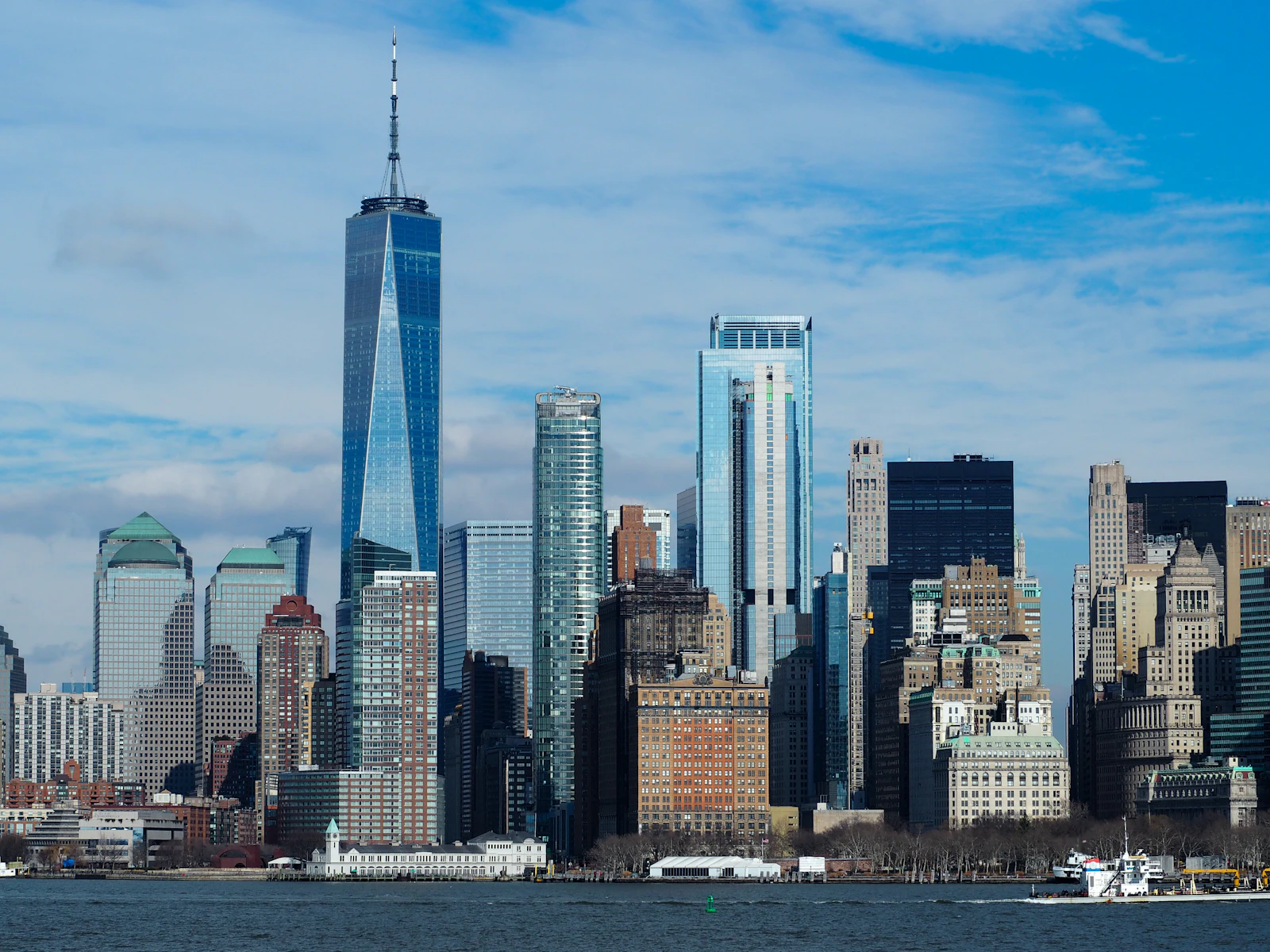 Skyline of tall office buildings seen across the water
