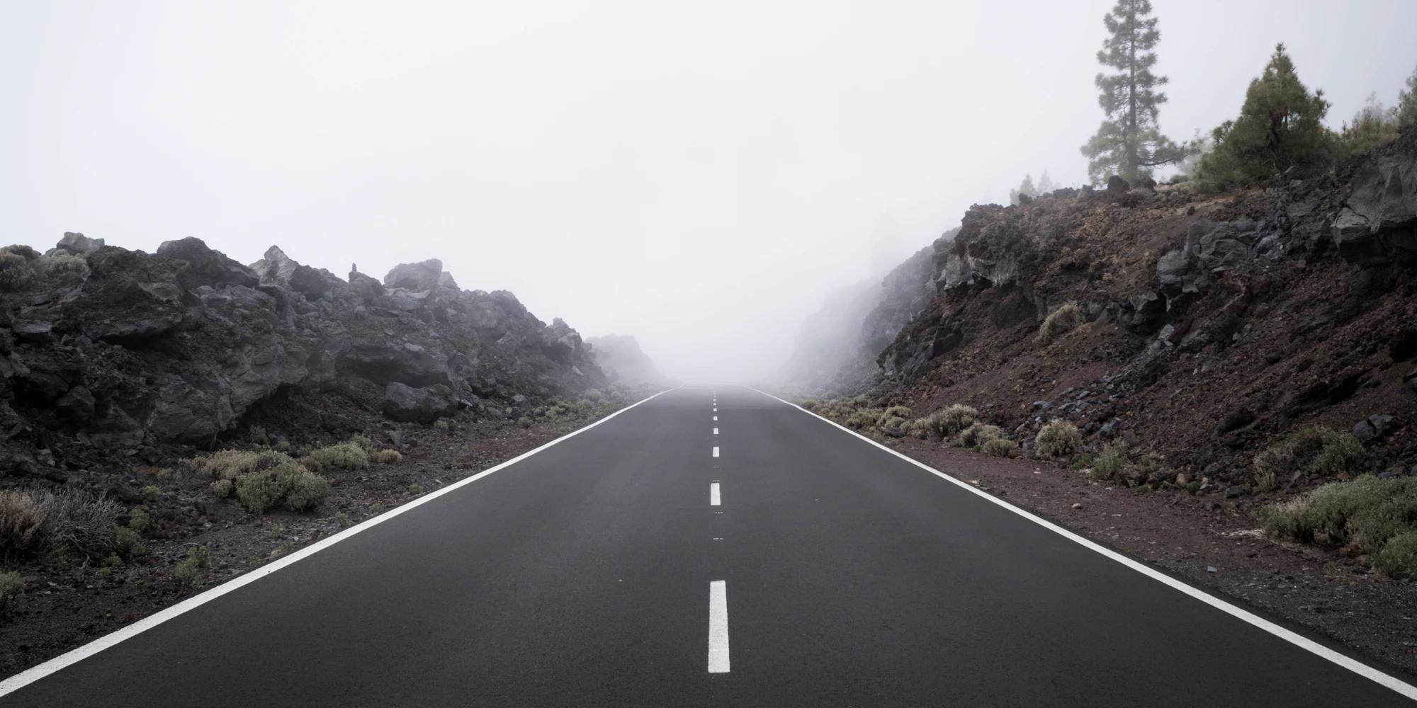 A straight road leading ahead into the fog
