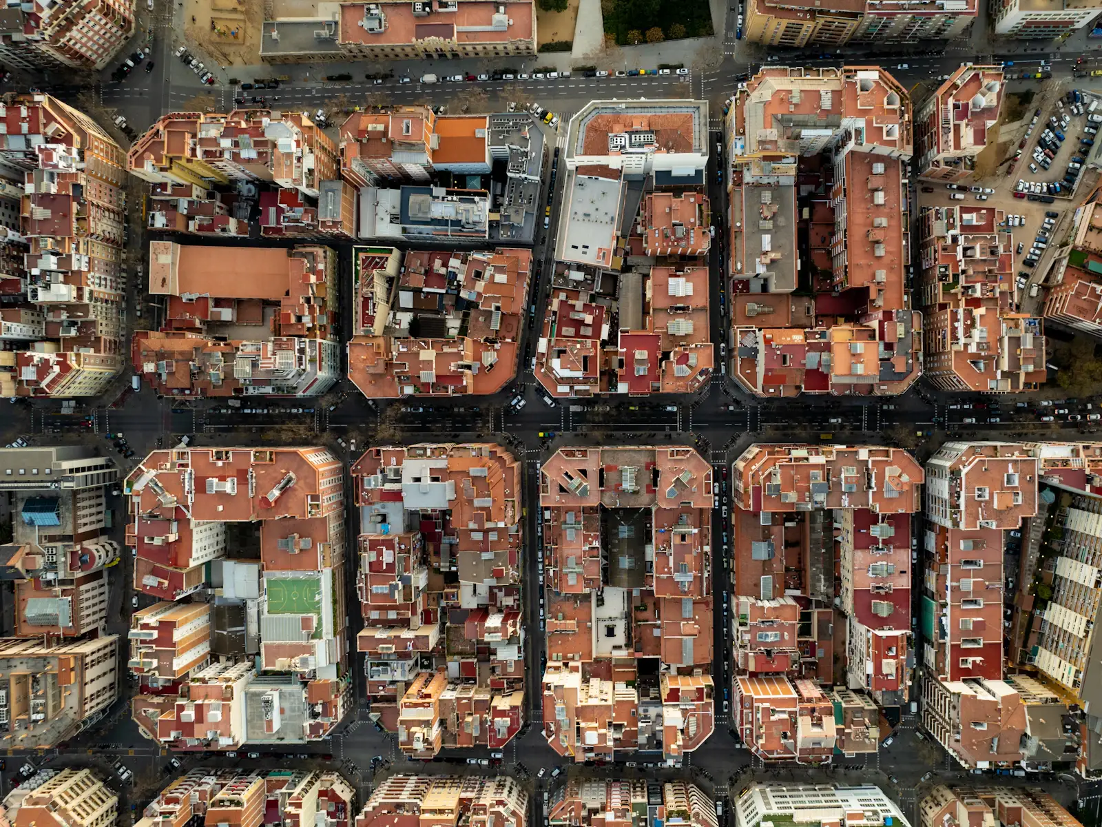 Aerial view of city blocks and streets